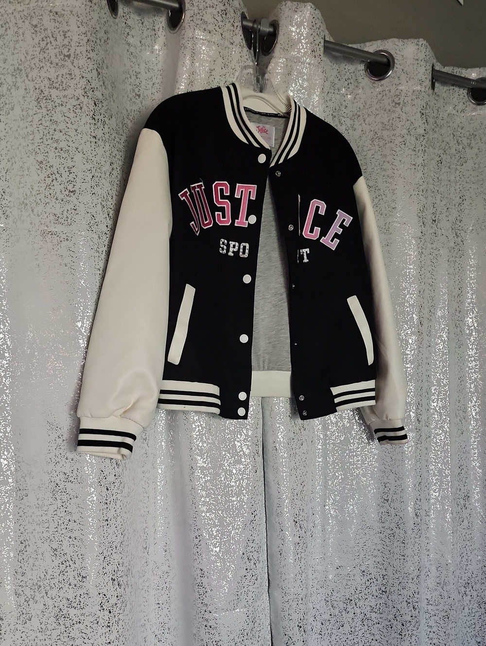 "Justice" Varsity Jacket with Pink Lettering 🖤